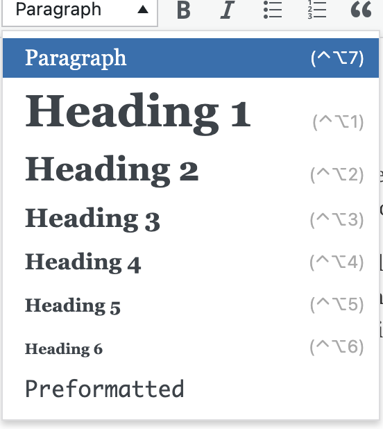 Image that shows wordpress heading types
